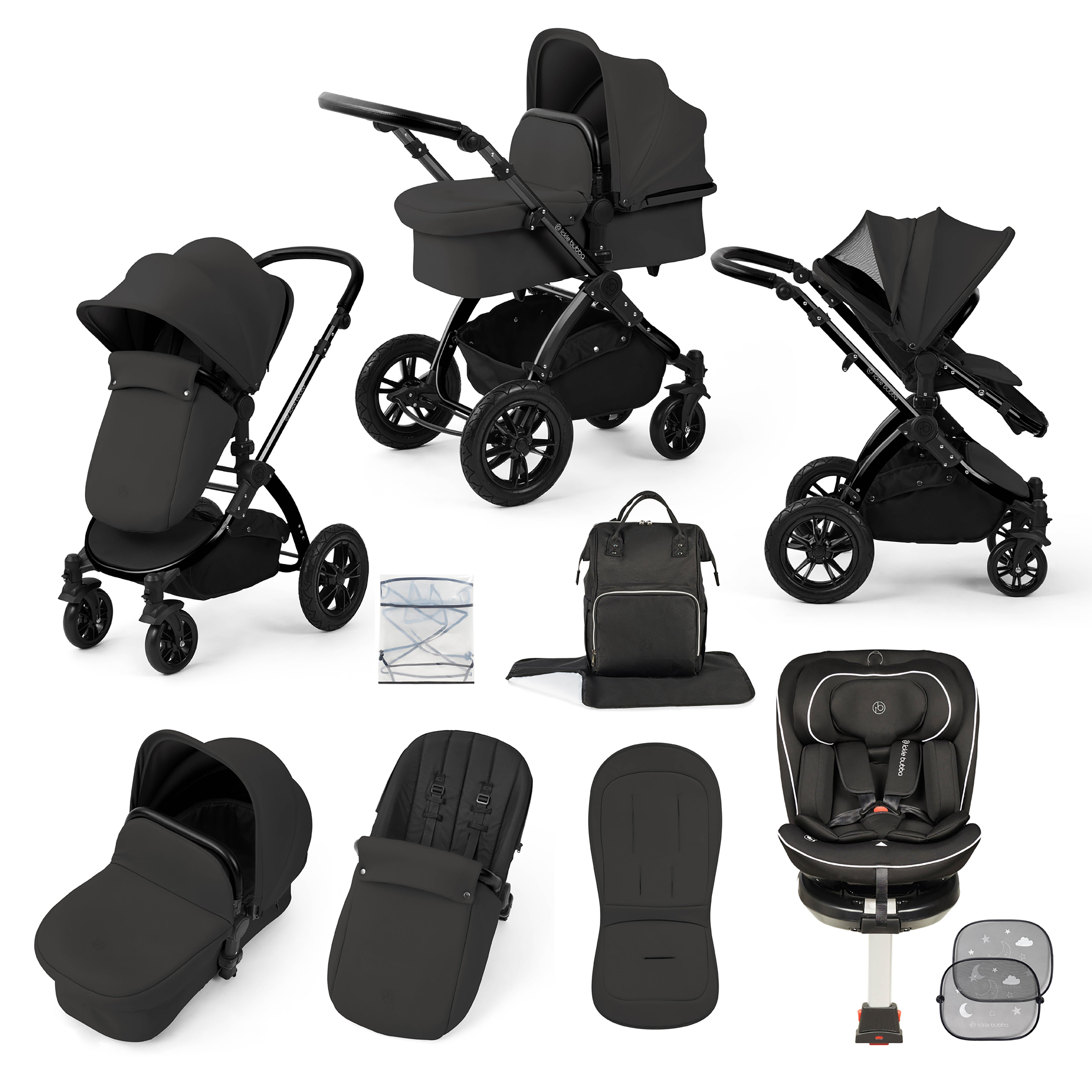 Stomp Luxe Reise-Bundle mit Radial (Schwarz) i-Size Plus 360 Spin 40-150cm Isofix Autositz
